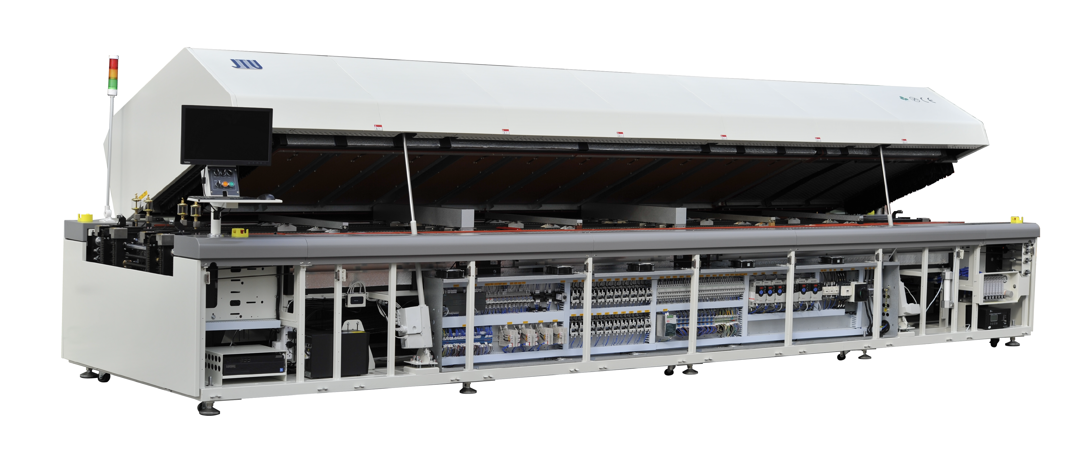 AR Serie Reflow Ofen mit geöffneter Haube. Sichtbare Innenkomponenten einschließlich Steuerung, Elektronikmodule und Fördersystem, ideal für Wartung und Einblicke in die Technologie