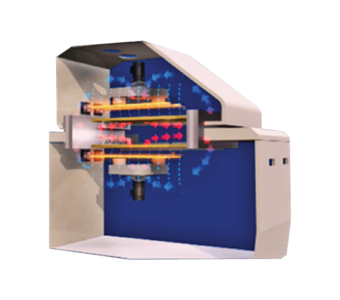 Schnittdarstellung des Heizsystems im AR Serie Reflow Ofen. Darstellung des Luftstroms durch Konvektionsdüsen zur effizienten Wärmeverteilung