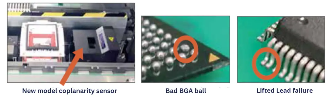 Coplanarity sensor of RS-1 SMT pick and place machine with examples of BGA ball and lead defects detected before placement.