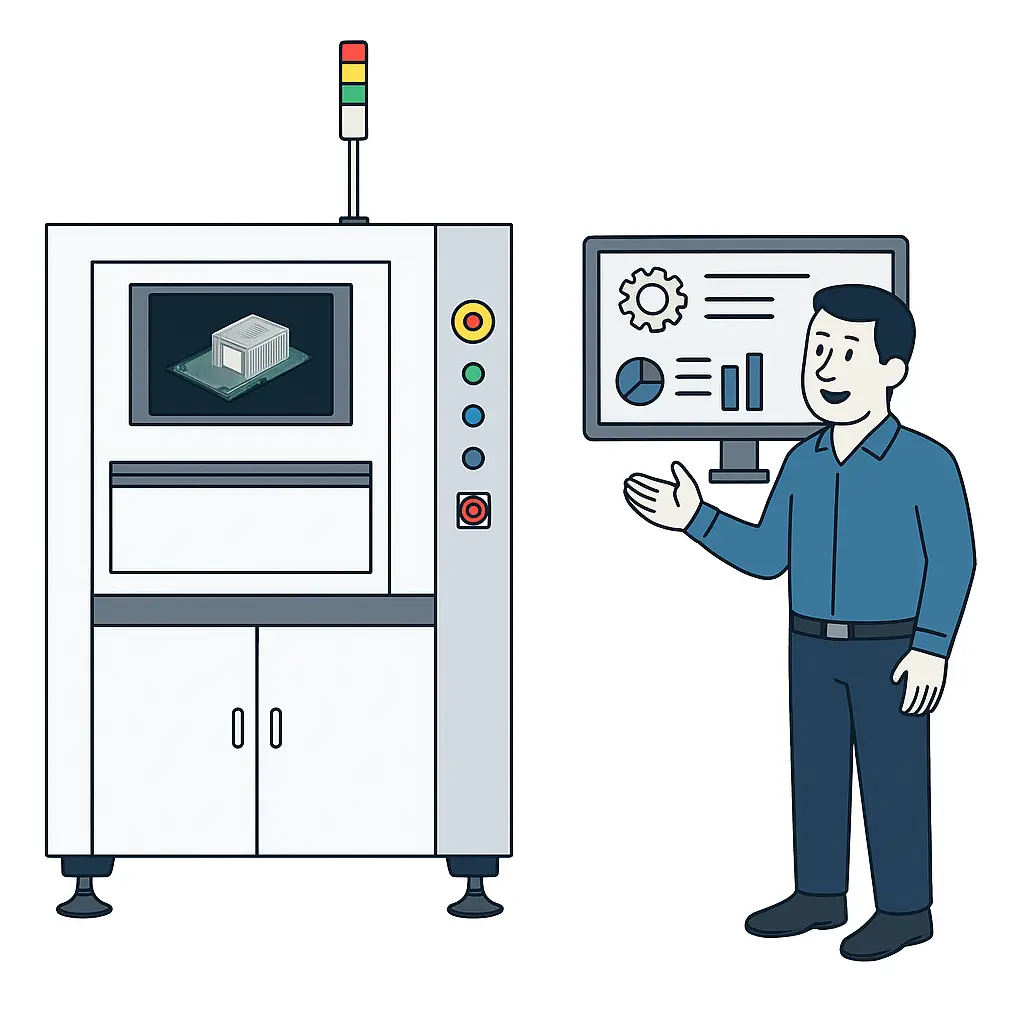 AOI-System integriert in SMT-Fertigung Illustrative AOI-Anlage mit Berater und Monitor für Prozessdaten in der SMT-Fertigung