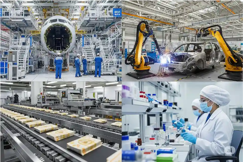 Branchen für AOI-Prüfung Bildcollage zu Luftfahrt, Automobil, Lebensmittel/Pharma und Elektronikproduktion