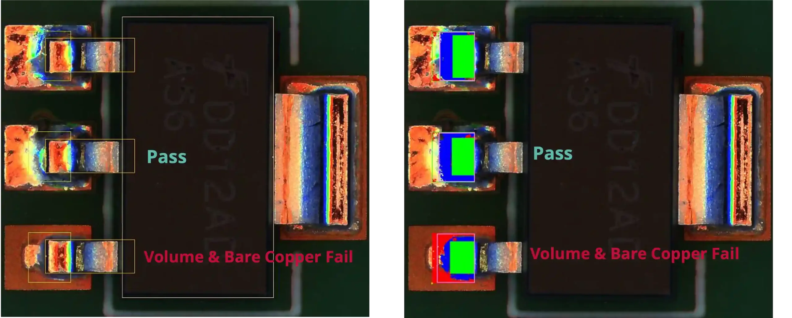 Kombinierte 2D-3D-AOI am IC IC-Inspektion mit Klassifizierung Pass sowie Volume & Bare Copper Fail im AOI-System