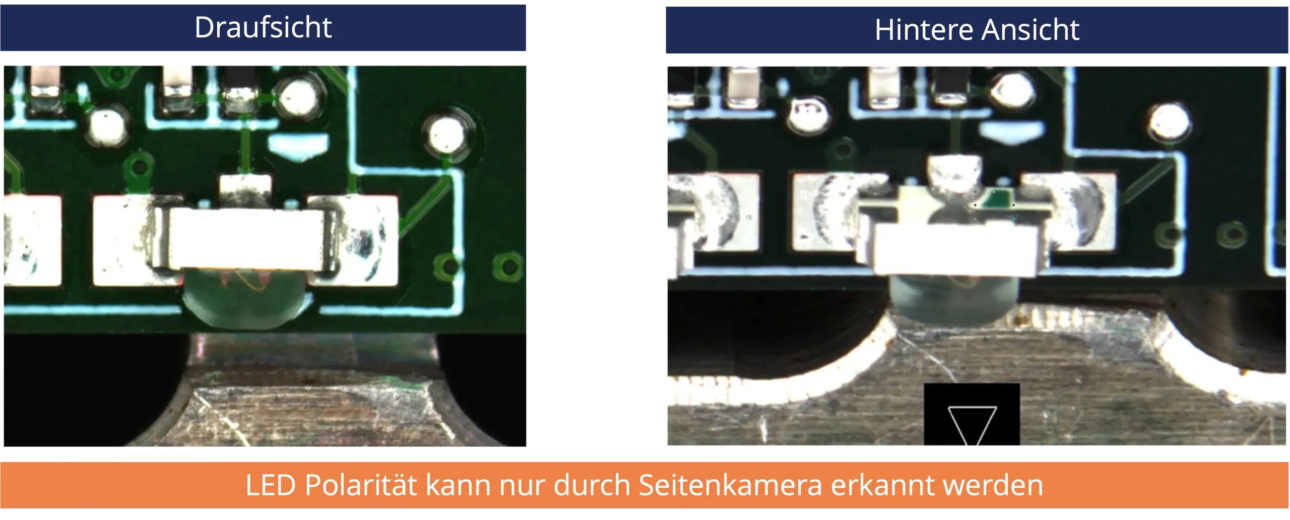 Seitenkamera für AOI-Inspektion Vergleichsansicht: Draufsicht vs. Rückseite – LED-Polarität nur per Seitenkamera erkennbar